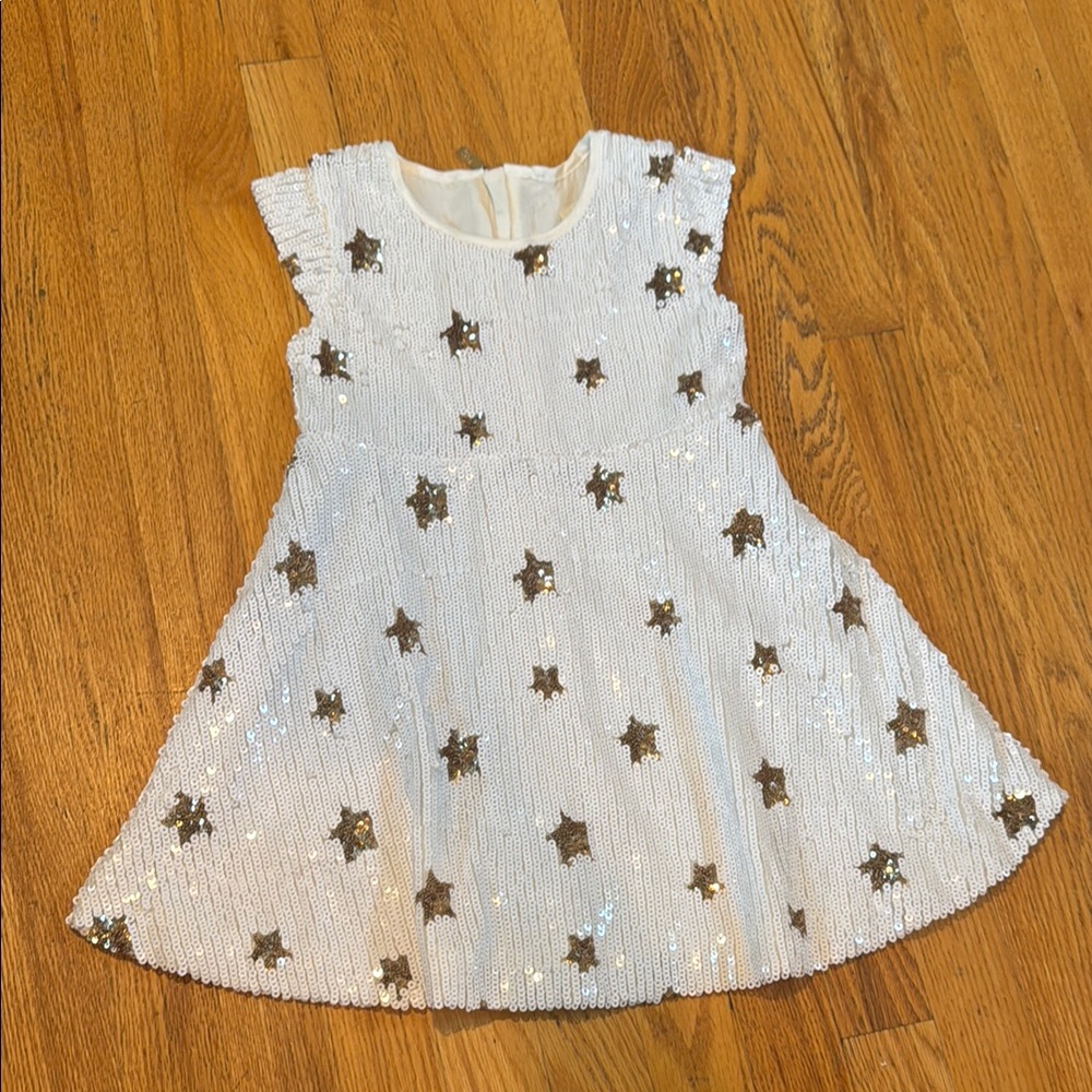 Doe A Dear White Sequin Dress With Gold Stars Kids Size 4T